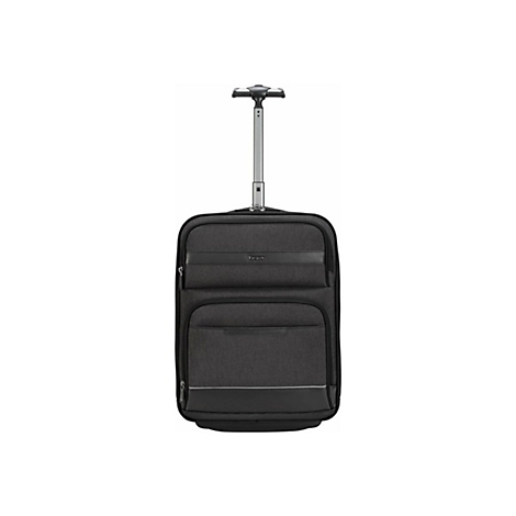 Schwarzer Trolley mit ausziehbarem Griff. Zwei Fronttaschen und ein silberner Akzentstreifen.
