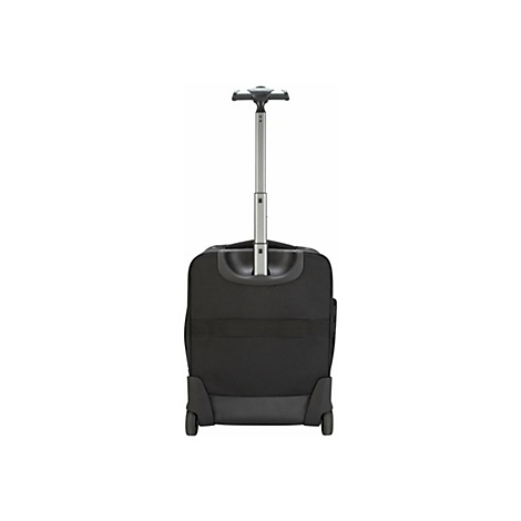 Schwarzer Trolley mit ausziehbarem Griff und Rollen auf weiÃŸem Hintergrund.