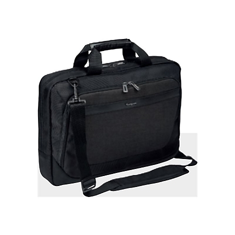 Schwarze Laptoptasche, Tragegriff oben, Schulterriemen. Auf der Front zwei Reißverschlussfächer.