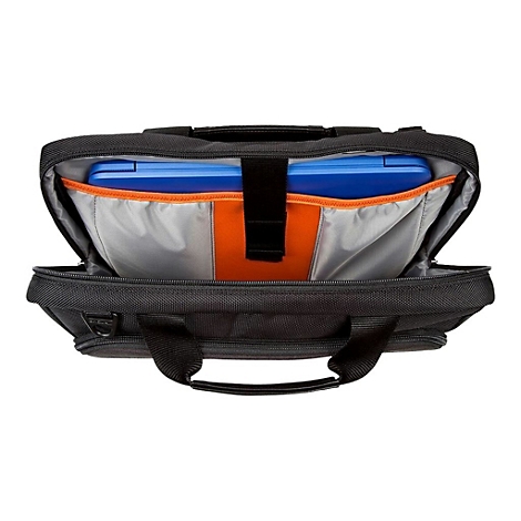 Schwarze Laptoptasche mit blauem Laptop darin. Innenfutter grau und orange.