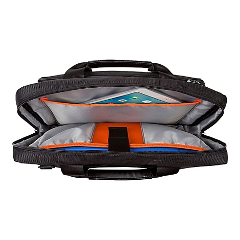Schwarze Laptoptasche, geÃ¶ffnet, mit Tablet und orangefarbenen sowie blauen Details.