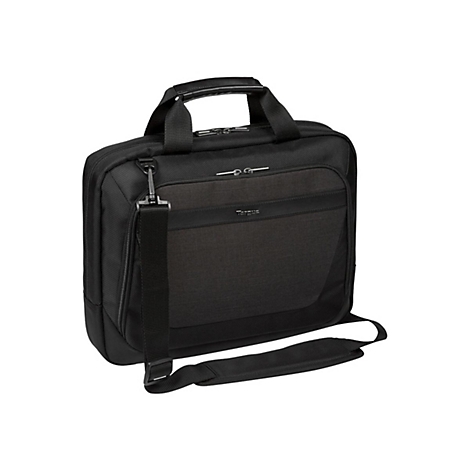 Schwarze Laptoptasche mit Schulterriemen und Tragegriff.