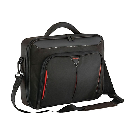 Schwarze Laptoptasche mit Schultergurt und roter Akzentfarbe. Oberhalb des Reißverschlusses ist der Markenname Targus zu sehen.