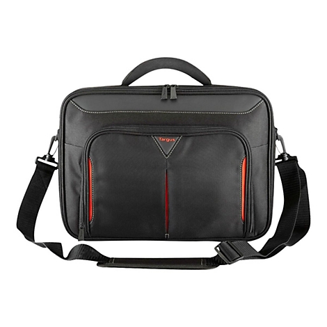 Schwarze Laptoptasche mit roter Akzentfarbe. Mit Schulterriemen und Tragegriff. Marke: Targus.