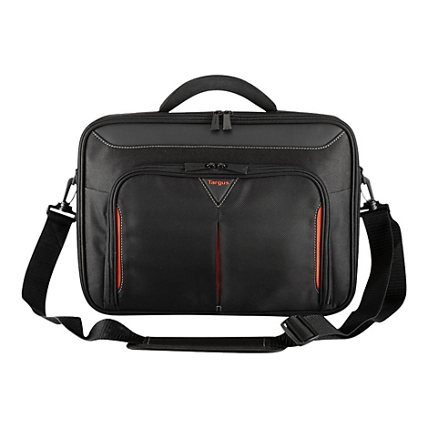 Schwarze Laptop-Tasche von Targus, mit orangefarbenen Akzenten. Oben ein Griff und ein Schultergurt.