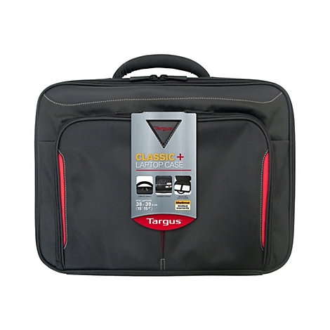 Schwarze Laptoptasche mit rotem Akzent. Auf der Tasche befindet sich ein Schild mit Produktinformationen.