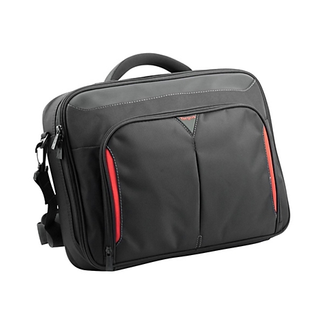 Schwarze Laptoptasche mit roter Ziernaht und Tragegriff. Auf der Tasche ist der Schriftzug "Targus" zu sehen.