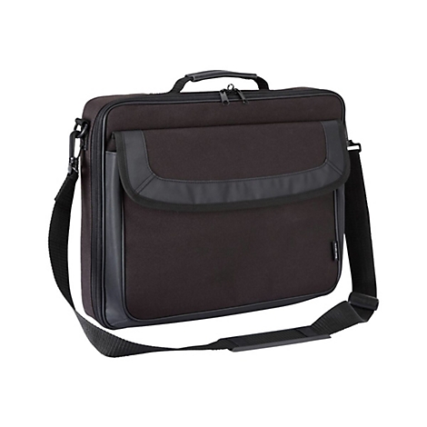 Dunkelbraune Laptoptasche mit Tragegriff und Schultergurt. Auf der Vorderseite eine schwarze Abdeckung mit Lederimitat.