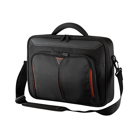 Schwarze Laptoptasche mit Tragegriff, Schultergurt und roter Akzentfarbe. Marke: Targus.