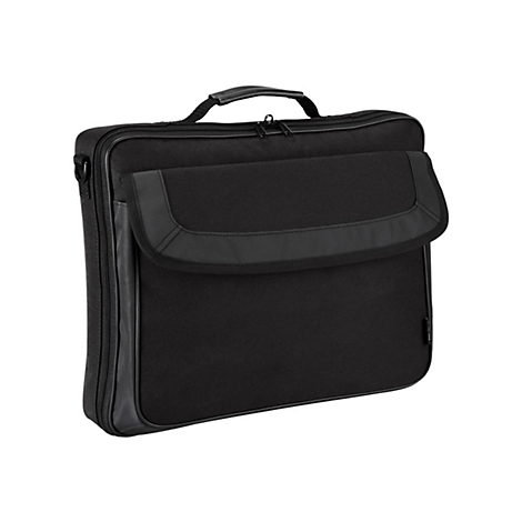 Schwarze Laptoptasche mit Tragegriff, Klappe und Reißverschluss.