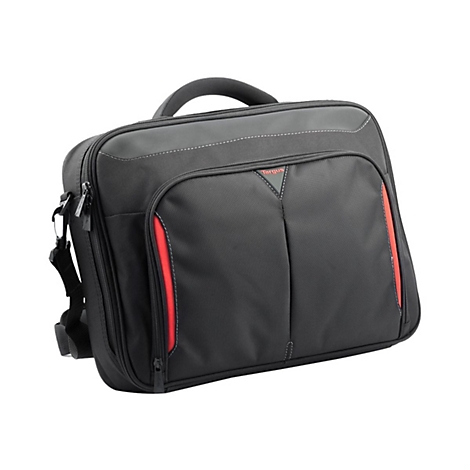 Schwarze Laptoptasche mit roter Zierleiste. Oben befindet sich ein Tragegriff, seitlich ein Schultergurt.