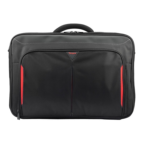 Schwarze Laptoptasche mit roten Akzenten, Griff und Targus Logo.