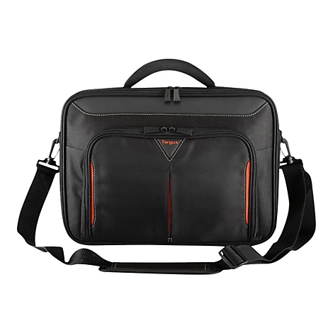 Schwarze Laptoptasche mit orangefarbenen Akzenten. Oben Griff und Schulterriemen. Auf der Front ist der Markenname Targus zu sehen.