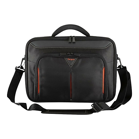 Schwarze Laptoptasche mit Tragegriff und Schultergurt. Auf der Fronttasche steht "Targus". Orangefarbene Akzente.