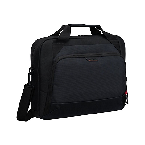 Schwarze Targus Laptoptasche mit Tragegriffen und Schultergurt vor weißem Hintergrund.