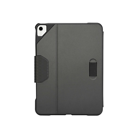 Dunkelgraue iPad-Hülle mit einem schwarzen Gummiband und einem strukturierten Griffbereich.