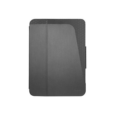 Dunkelgraue Tablet-Hülle mit Targus-Logo. Der Deckel ist geschlossen.