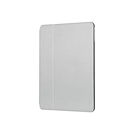 Hellgraue Tablet-Schutzhülle von Targus. Rechteckig, mit schwarzem Rand. Auf der rechten Seite steht klein „Targus“.