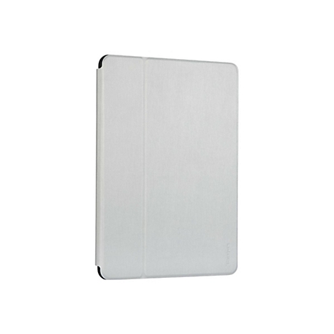 Hellgraue Tablet-Hülle, rechteckig, mit weicher Textur. Abgerundete Ecken, Marke an der unteren rechten Ecke.