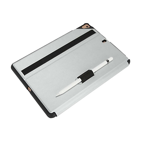 Silberne Tablet-Hülle mit schwarzem Rand. Ein weißer Stift wird von einem schwarzen Gummiband gehalten.