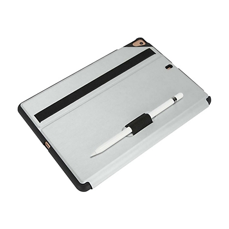 Silberne Tablet-Hülle mit schwarzem Rand. Ein weißer Stift wird von einem schwarzen Gummiband gehalten.