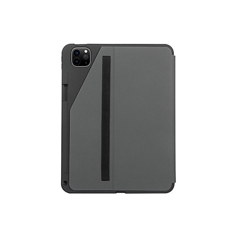 Graue iPad-Hülle mit Magnetverschluss. Die Kamera ist sichtbar.