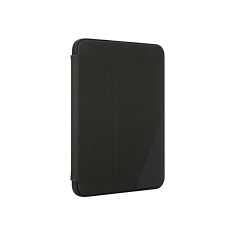 Schwarze Tablet-Hülle, leicht schräg von vorne fotografiert. Die Hülle ist geschlossen.