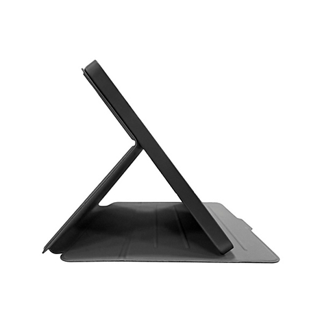 Schwarze Tablet-Hülle, im Winkel aufgestellt, vor weißem Hintergrund.
