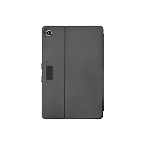 Dunkelgraue Tablet-Hülle mit Kamera und Haltegurt, vor weißem Hintergrund.