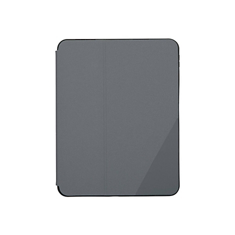 Graue Tablet-Hülle mit geschlossenem Deckel, diagonal abgeteilte rechte untere Ecke.