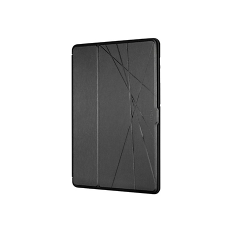 Schwarze Tablet-Hülle mit Faltdesign und diagonaler Linienstruktur. Der Markenname Targus ist am Rand zu sehen.