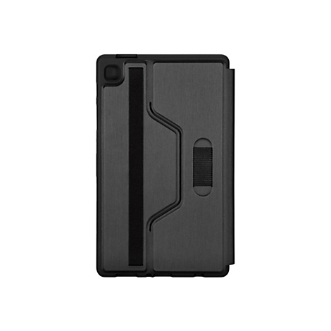 Schwarze Tablet-Schutzhülle mit Halteband vor neutralem Hintergrund.