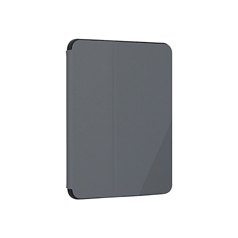 Graue Tablet-Hülle mit schwarzem Rand und aufgesticktem Logo.