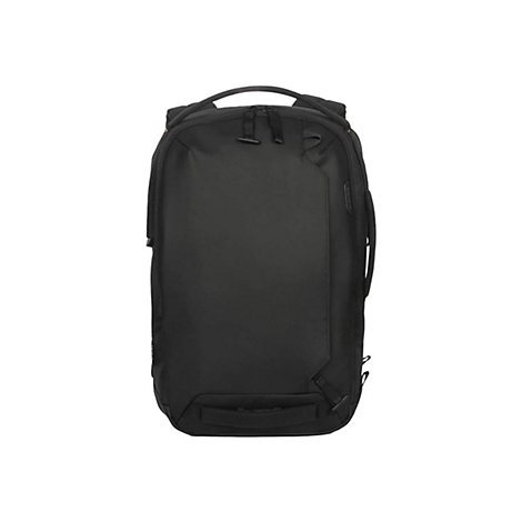 Sac à dos noir avec deux poignées supérieures et une poignée supplémentaire à l'arrière. Poche avant.