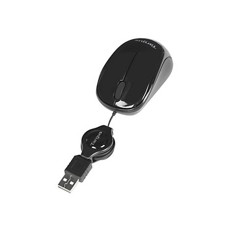 Souris Targus noire avec connecteur USB, sur fond blanc. Souris, câble et connecteur USB sont visibles.