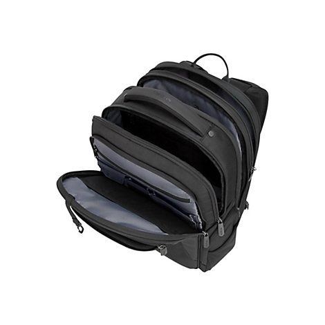 Schwarzer Rucksack, geÃ¶ffnet. Mehrere FÃ¤cher, ReiÃŸverschlÃ¼sse und Tragegriff sind sichtbar.