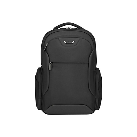 Schwarzer Rucksack mit mehreren ReiÃŸverschlusstaschen und Tragegriff.