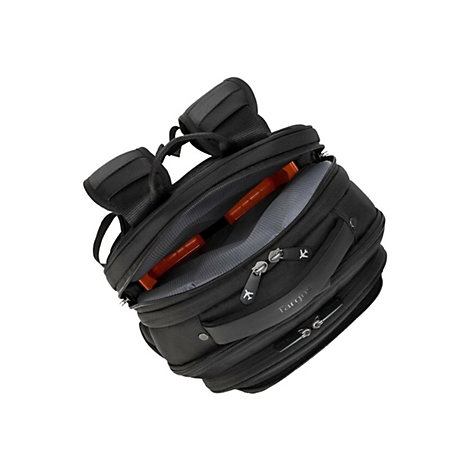 Schwarzer Laptop-Rucksack, der leicht geÃ¶ffnet ist und InnenfÃ¤cher zeigt. Oben sind zwei gepolsterte Schultergurte zu sehen.