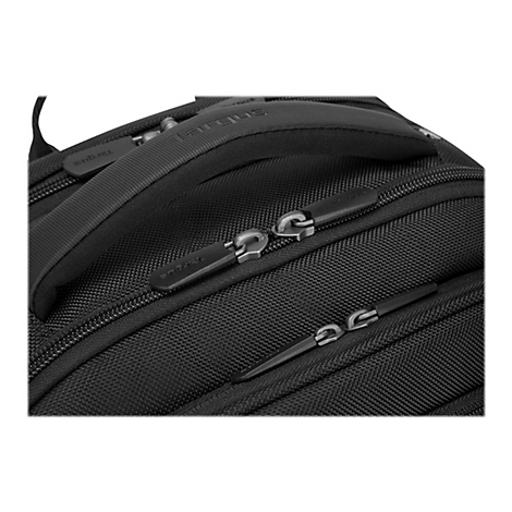 Nahaufnahme einer schwarzen Laptop-Tasche mit ReiÃŸverschlÃ¼ssen und einem Griff.