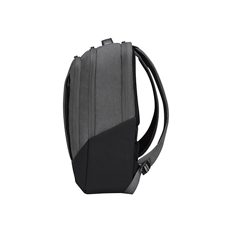 Sac à dos gris de profil ; accents noirs. Fermetures éclair et bretelles.