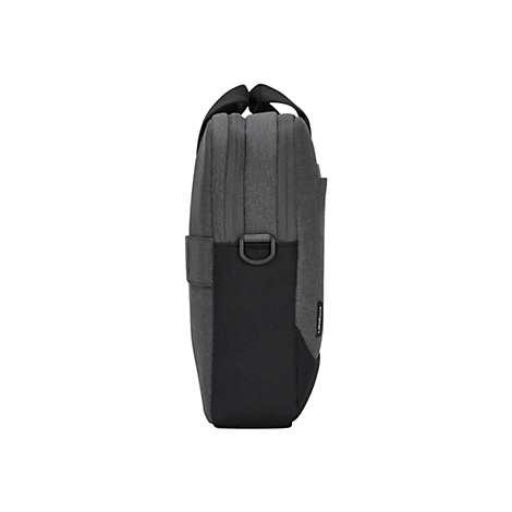 Dunkelgraue Laptoptasche in Seitenansicht, mit schwarzem Tragegriff und Akzenten.