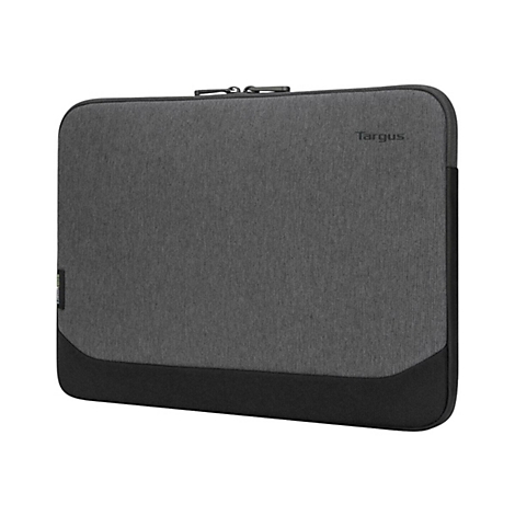 Housse d'ordinateur portable gris foncé avec fermeture éclair et le logo "Targus". Fond noir, matière texturée.