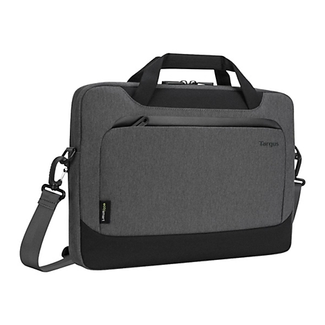 Sacoche pour ordinateur portable gris foncé avec poignée et bandoulière. Le sac porte les mentions "Targus" et "eco/smart".