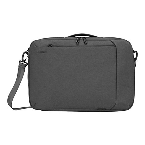 Sacoche pour ordinateur portable gris foncé avec bandoulière. Le nom de la marque Targus est sur le sac.