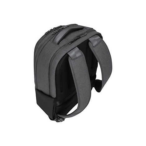 Dunkelgrauer Rucksack, leicht schräg von hinten fotografiert. Oben zwei Tragegriffe, gepolsterte Gurte, atmungsaktive Rückenpolsterung.