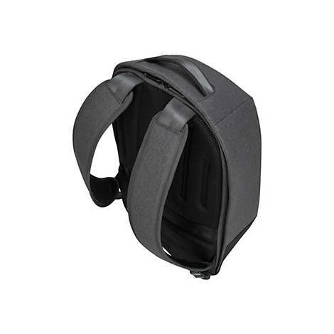 Dunkelgrauer Rucksack, Ansicht der Rückseite. Gepolsterte Träger, Rückenpartie und Tragegriff.