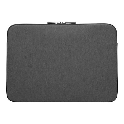 Dunkelgraue Laptop-Hülle aus Stoff, Reißverschluss oben.