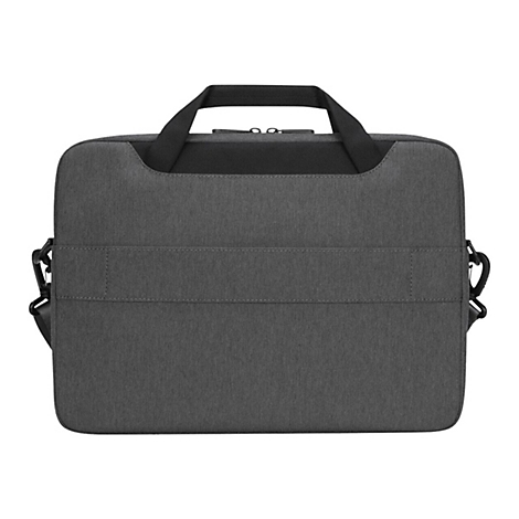 Dunkelgraue Laptoptasche mit Tragegriff und Schulterriemen, Vorderansicht.