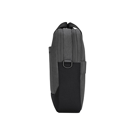 Sacoche pour ordinateur portable grise, vue latérale. Poignée noire et détail en forme de D.