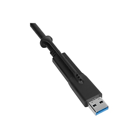 Naheinstellung eines schwarzen USB-Kabels. Der Stecker hat einen blauen Kern.